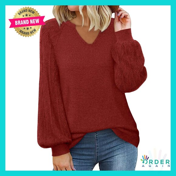 Sweaters - Chunky Knit V-Neck Pullover Sweater Oversized Slouchy Casual Lantern Sleeve